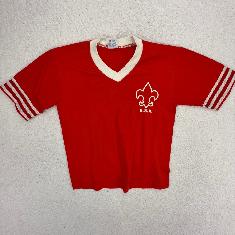 Vintage Boy Scouts of America BSA Jerzees Russell Red V-Neck T-Shirt Kids Size M